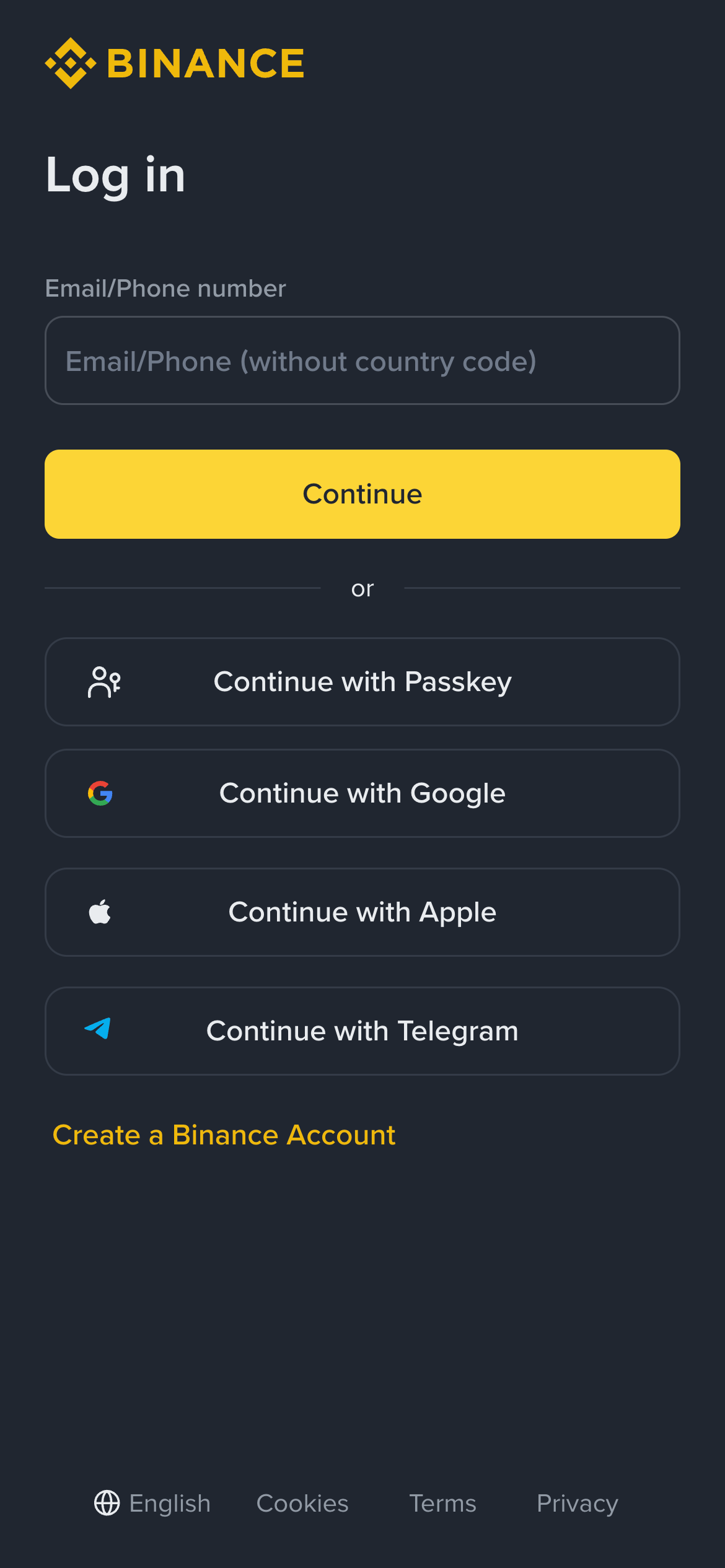 Binance Login Page