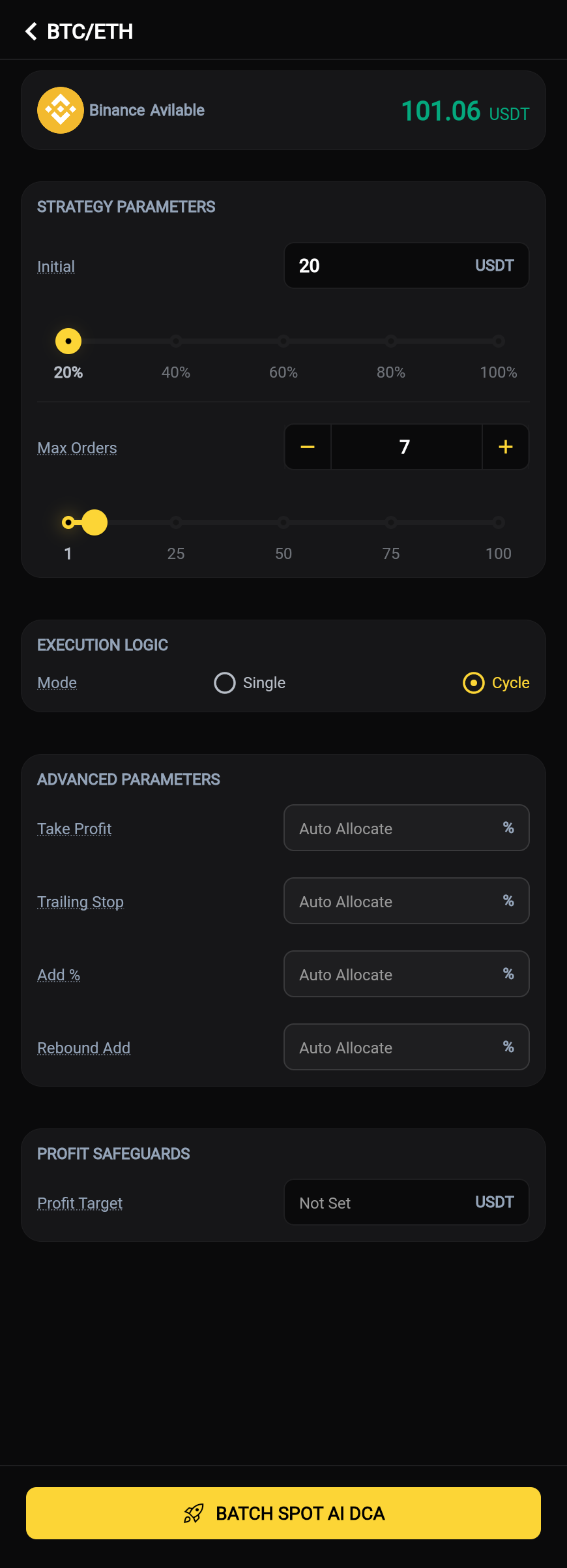 Spot AI DCA Bot Setting