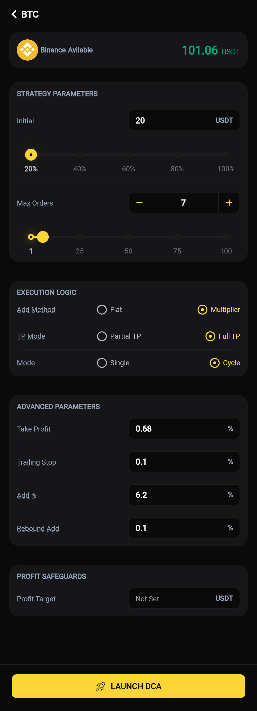 Spot DCA Bot Setting
