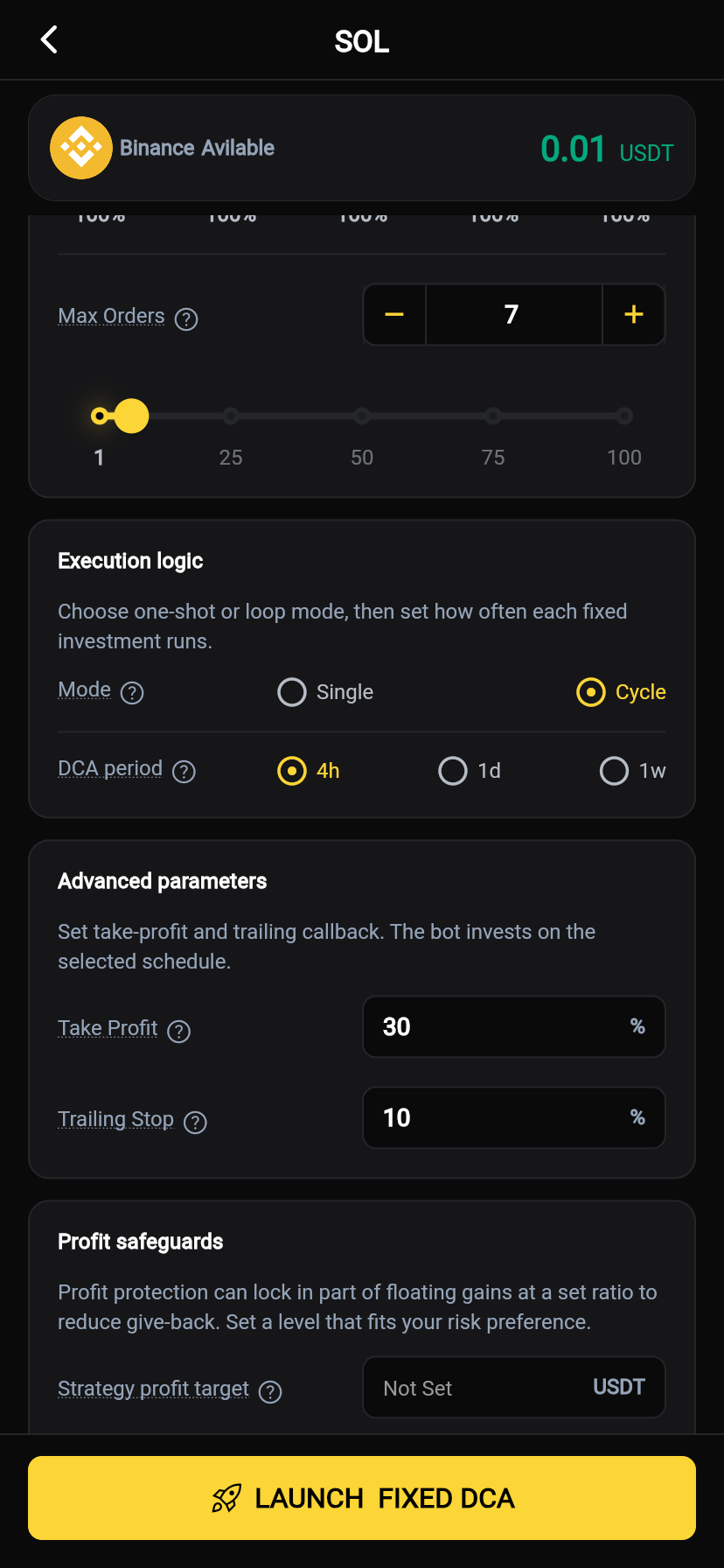 Spot Fixed DCA Bot Setting